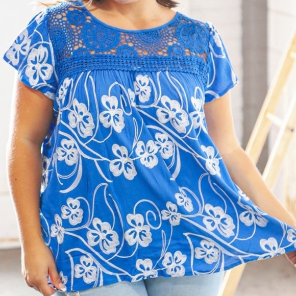 Liv Los Angeles Shirt Blue Embroidered Boho Top 2X NWT - Picture 2 of 5